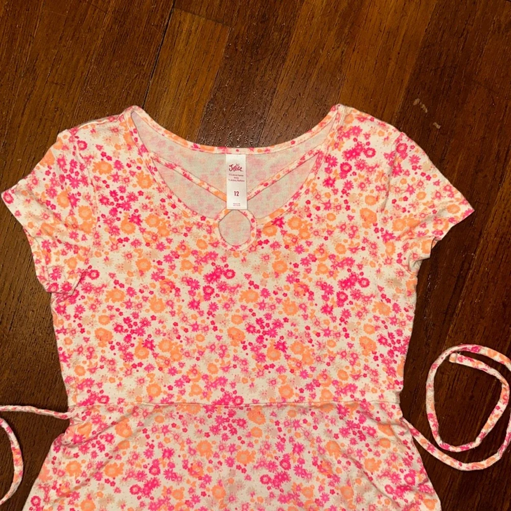 Girls Justice Pink, Orange & White Crisscross Floral Sundress – Size 12